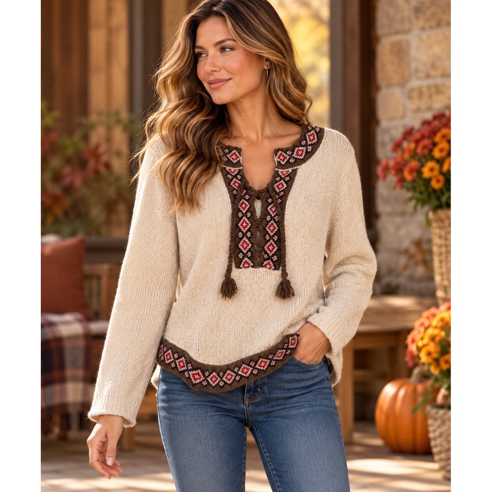 Calypso St Barth Wool Camel Hair Knit Sweater Cream Fair Isle Boho Tassel M